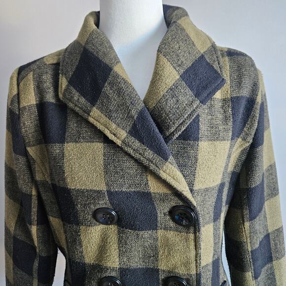Rampage Plaid Peacoat Womens L Olive Black Classic Double Breasted‎ Y2K Fall - Picture 2 of 12